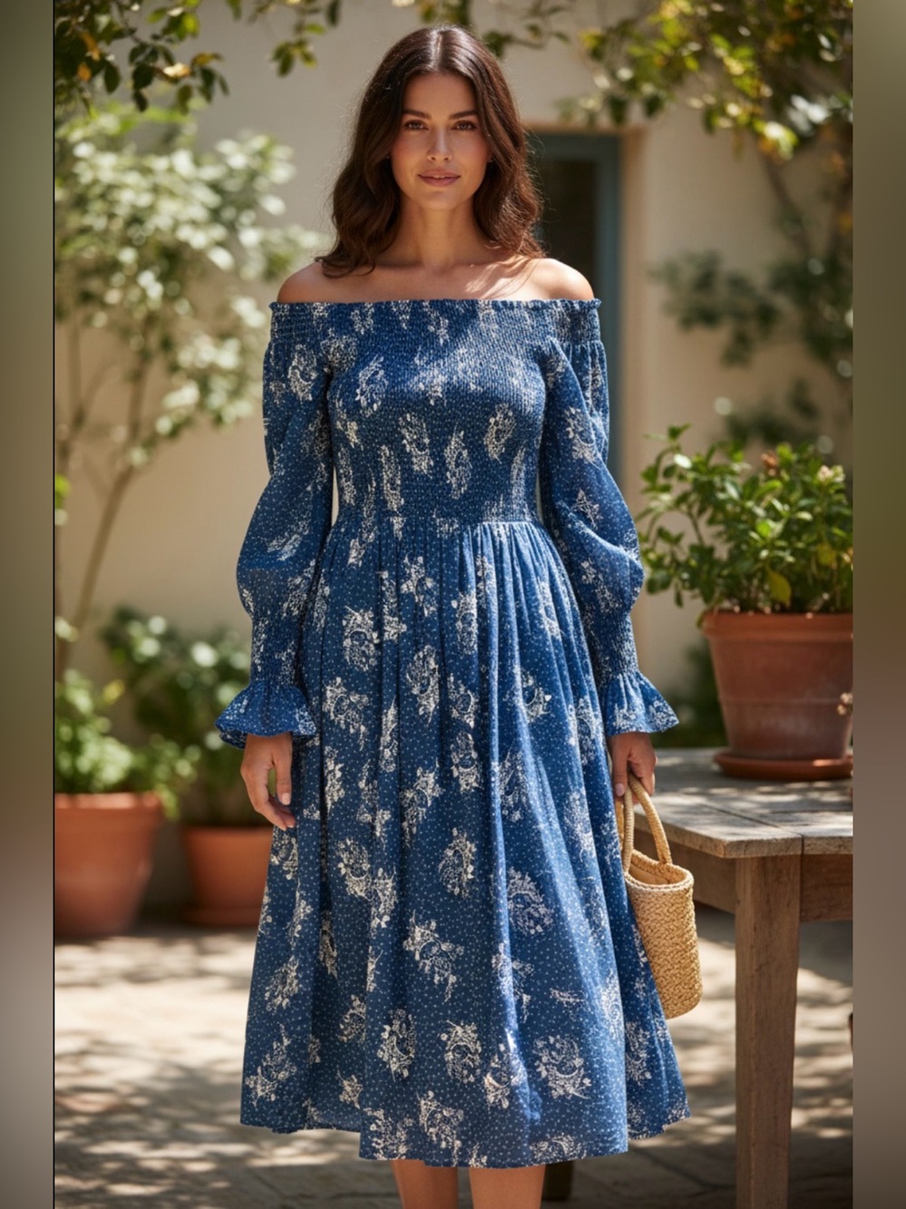 Steele Blue Floral Prairie Dress Ruched Top Flare Sleeves SzS Cottagecore Fairy